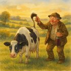 Elderly Farmer with Cow in Lush Green Meadow