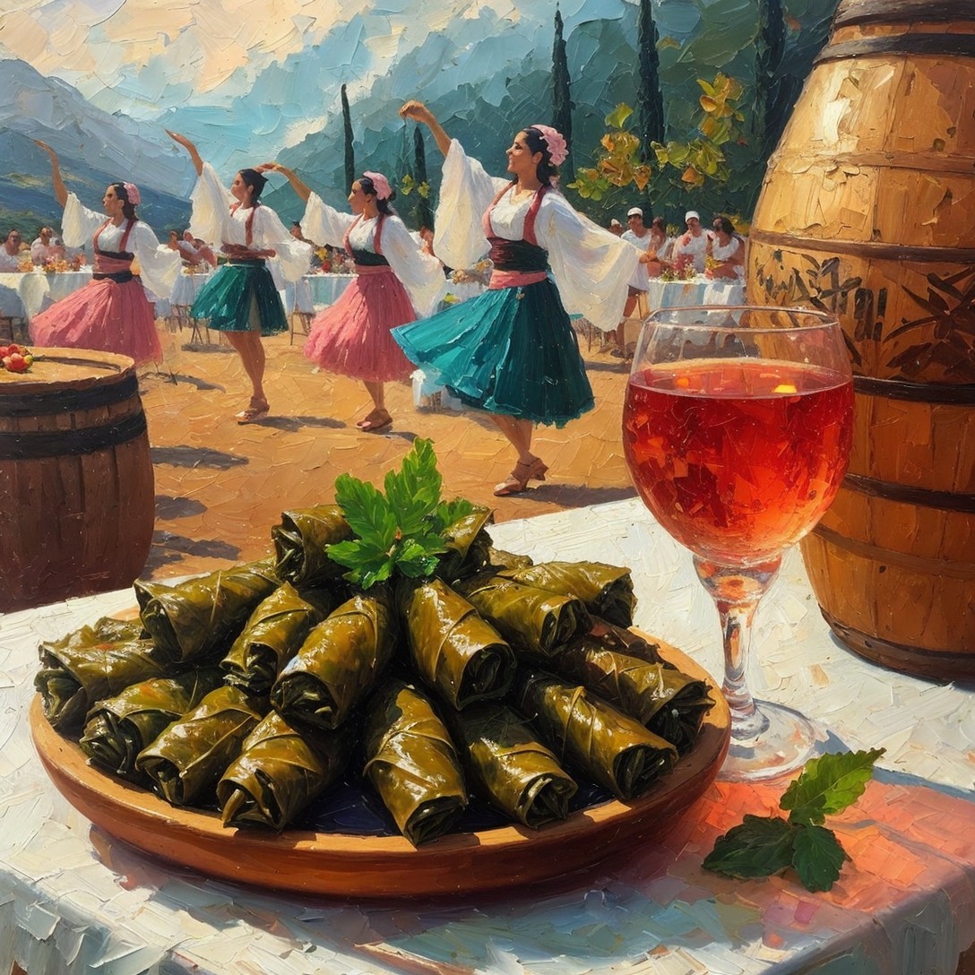 Outdoor Scene with Stuffed Grape Leaves and Dancers