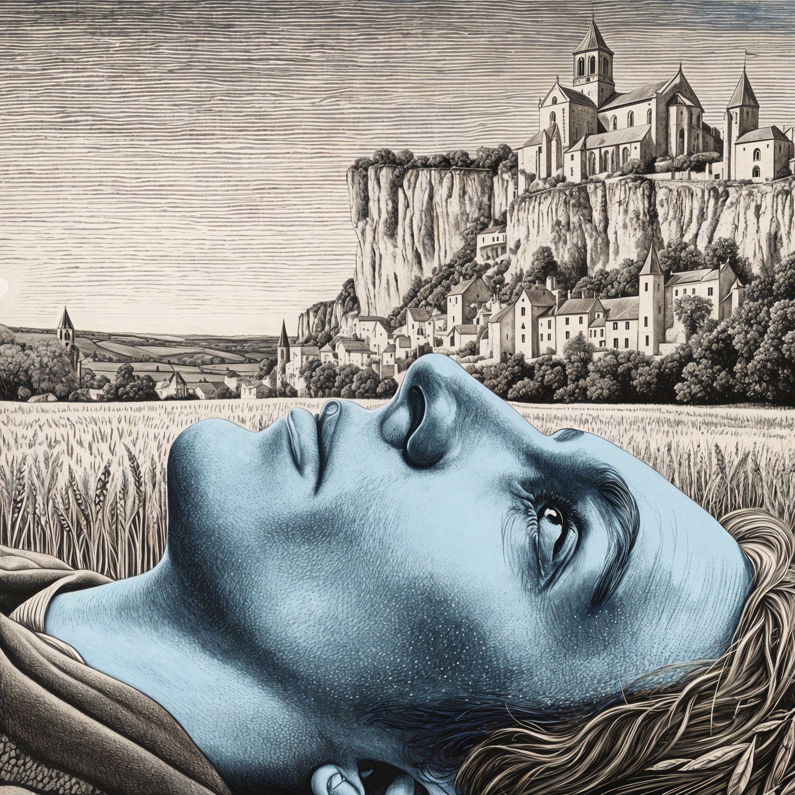 Young man on grassy field with blue skin and village