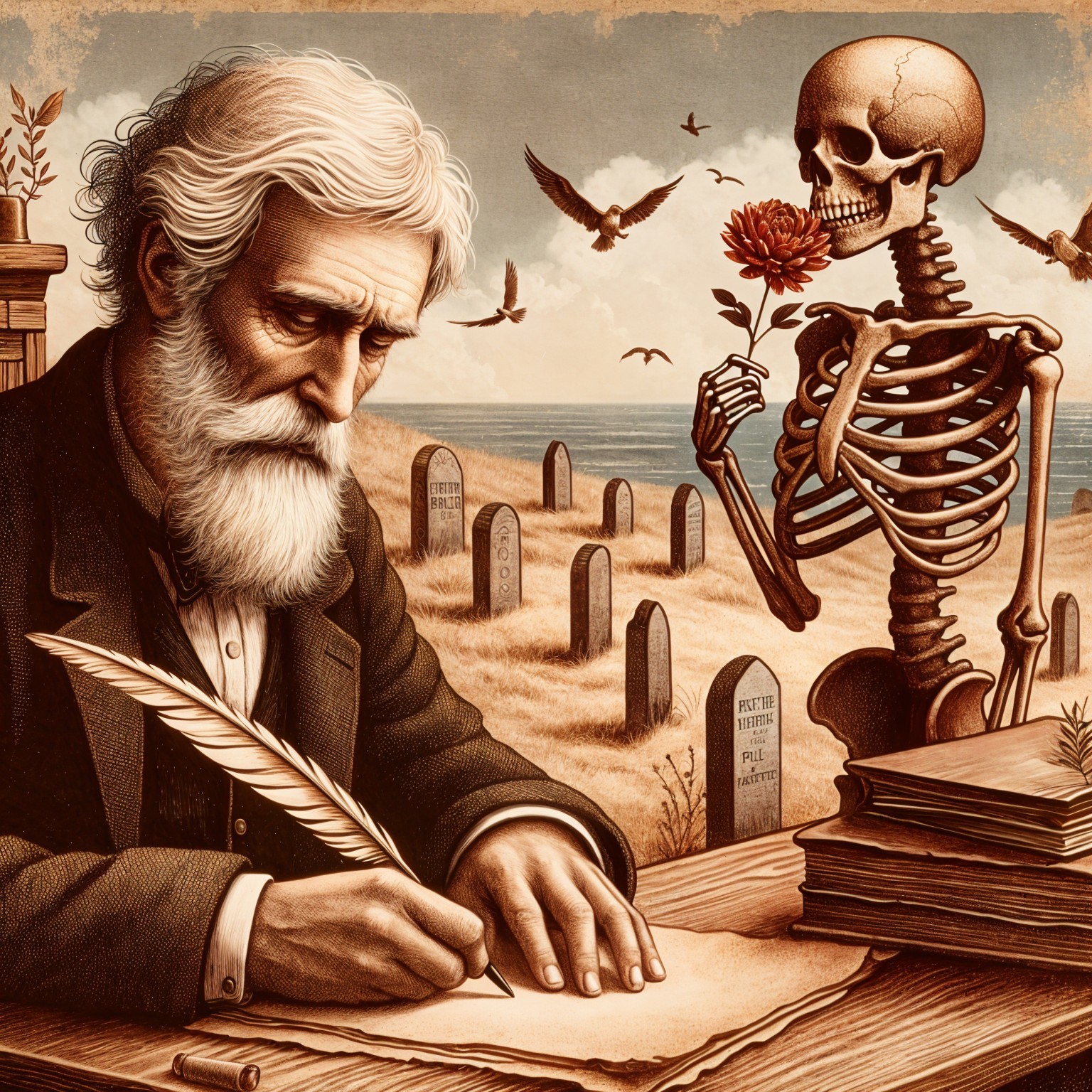 Elderly Man Writing with Quill in Graveyard Setting