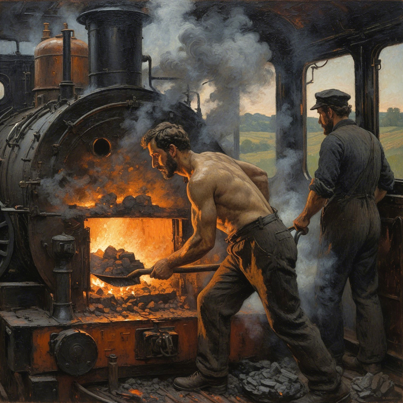 Workers in an Old Steam Locomotive's Cab
