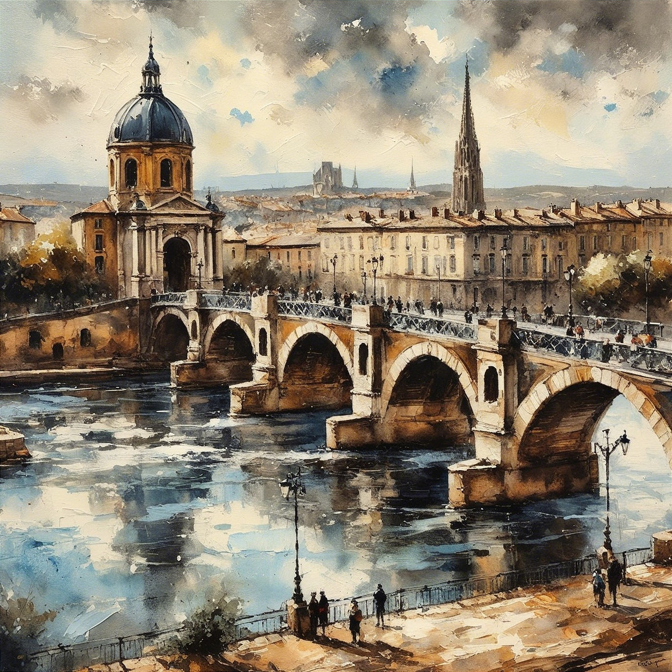 Watercolor of Historic Cityscape with Grand Bridge