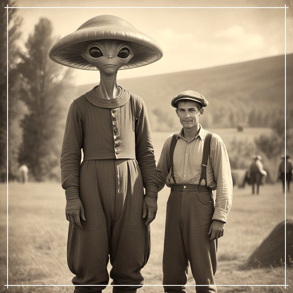 Vintage Black and White Image of Alien and Young Man