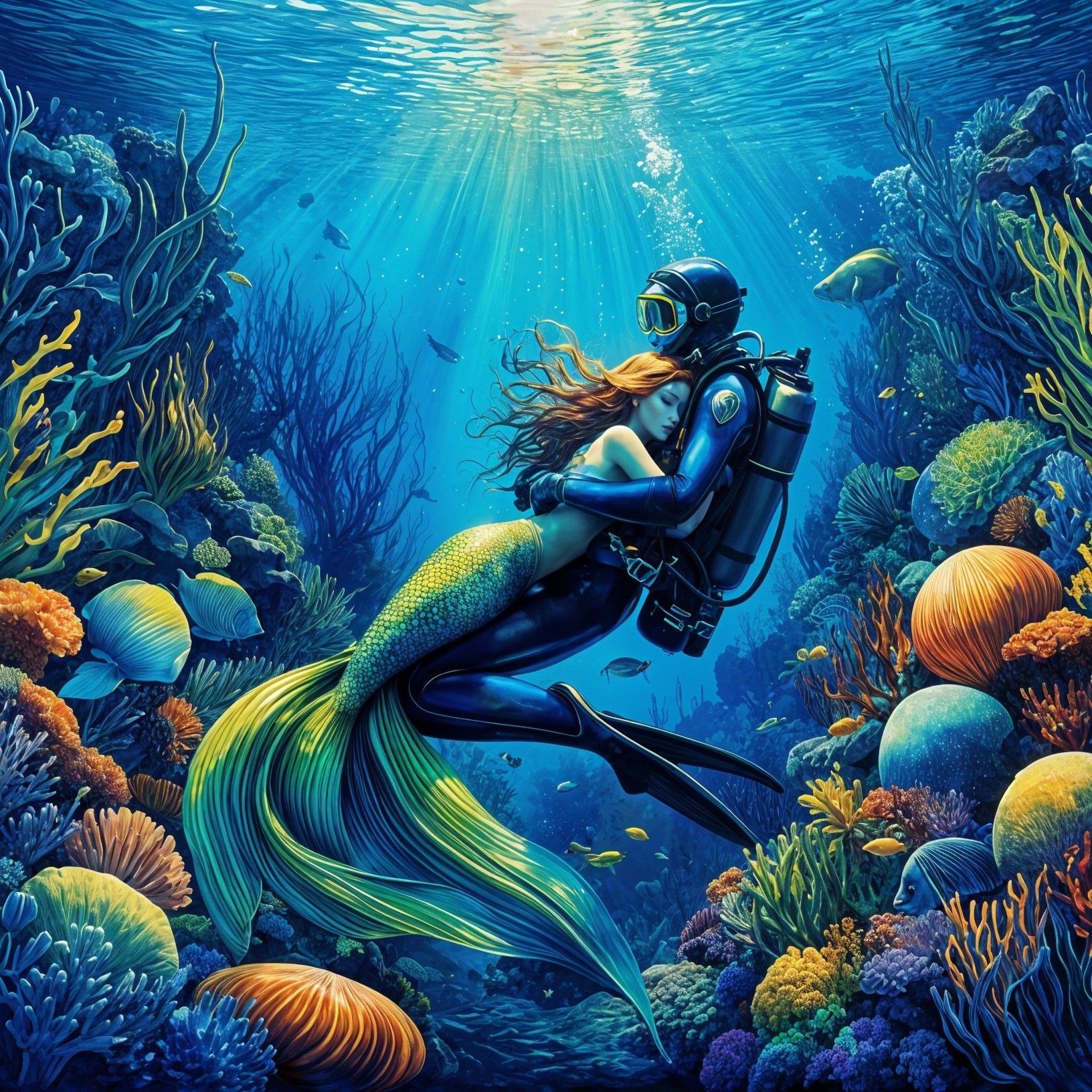 Diver and Mermaid in Colorful Underwater Scene