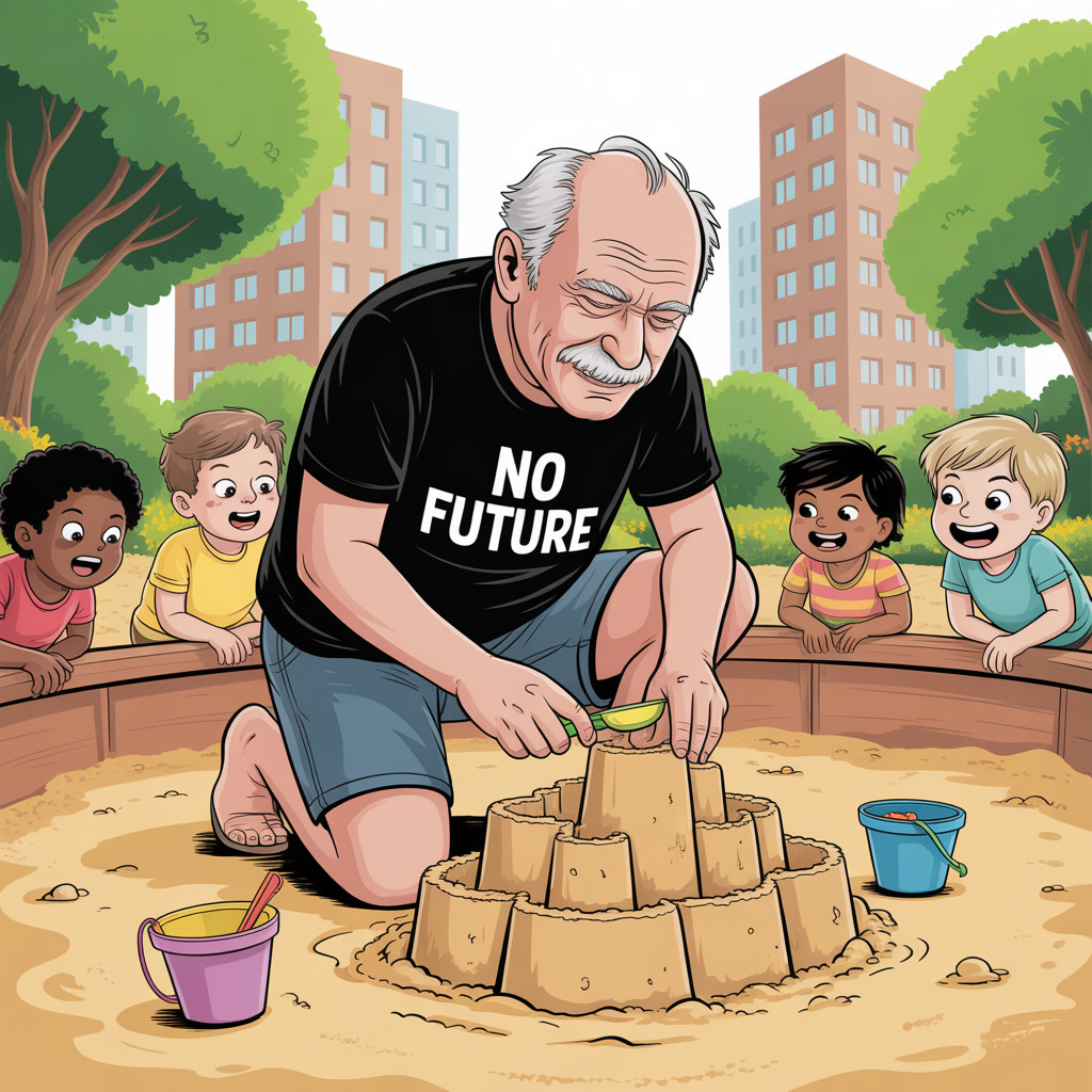 Older man builds sandcastle in vibrant park setting