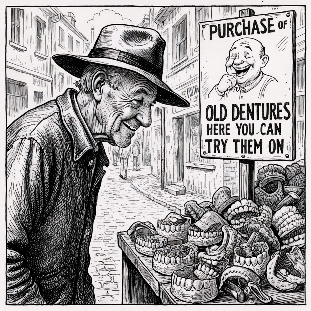 Elderly Man Examines Vendor Stall of Old Dentures