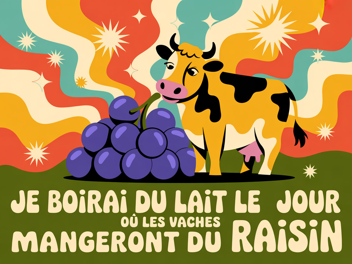 Cartoon Cow Eating Grapes in Whimsical Illustration