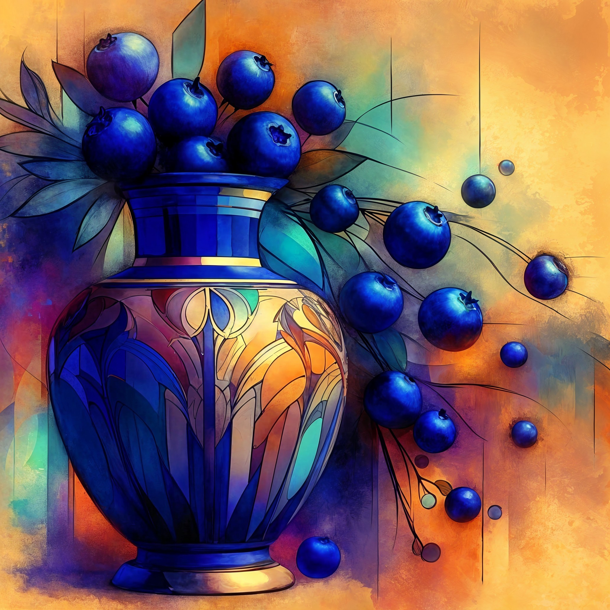 Ornate Blue Vase with Blueberries and Green Leaves