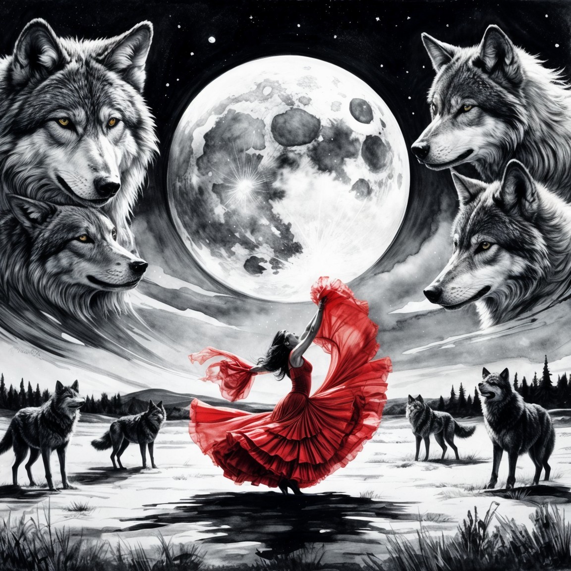 Woman in Red Dress Twirls in Snowy Landscape with Wolves