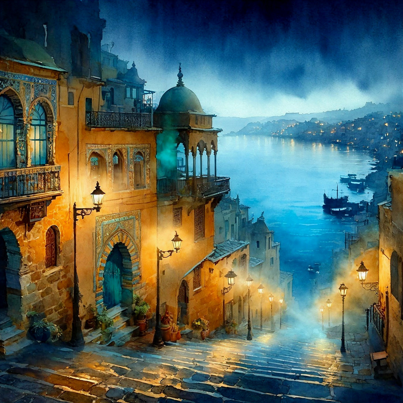 Twilight Scene of a Quaint Historic Street by River