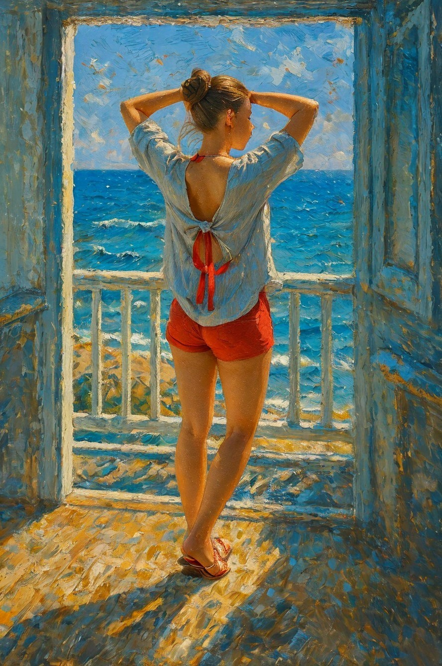 Woman in Sunlit Doorway Overlooking Vibrant Sea