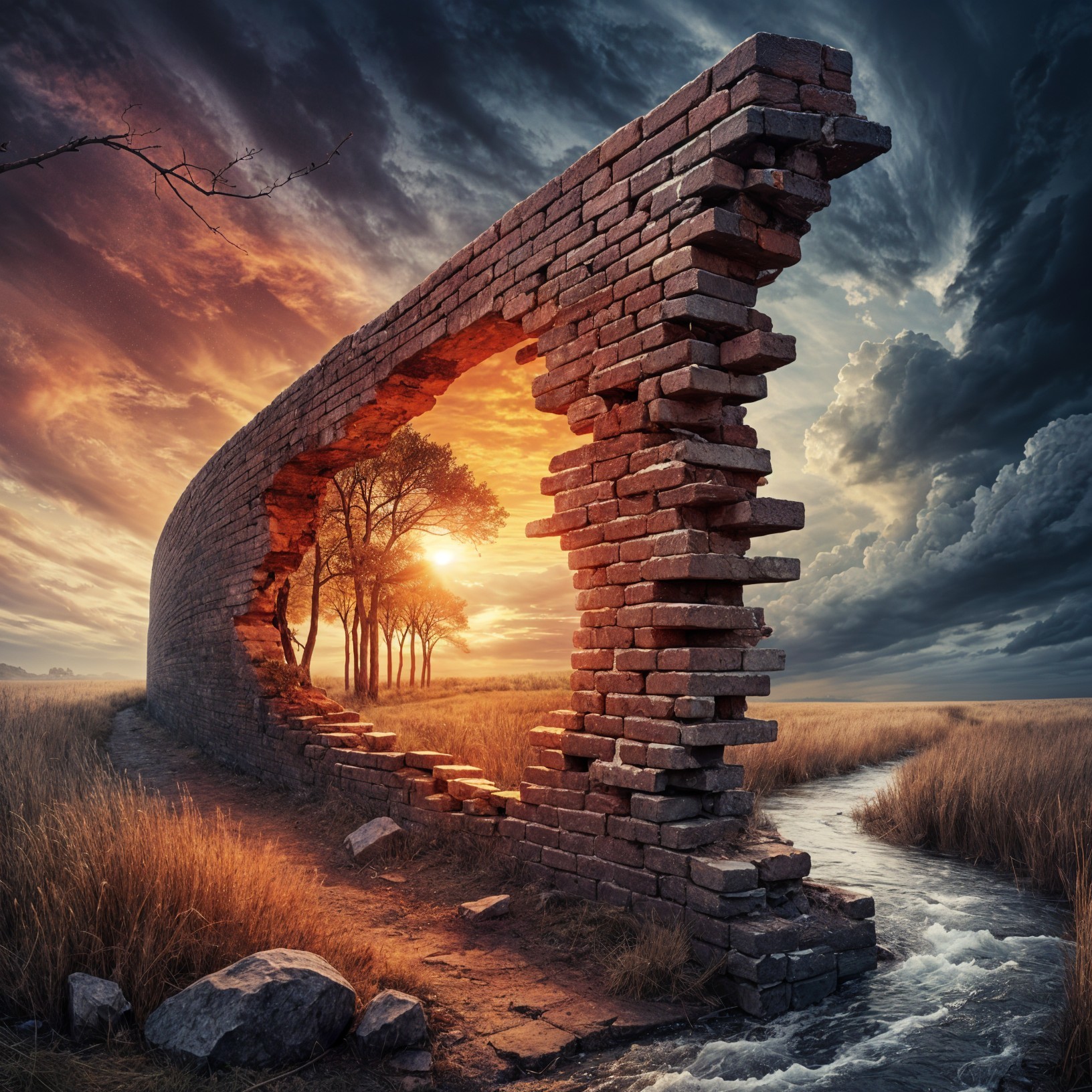 Surreal Landscape with Sunset and Collapsed Brick Wall