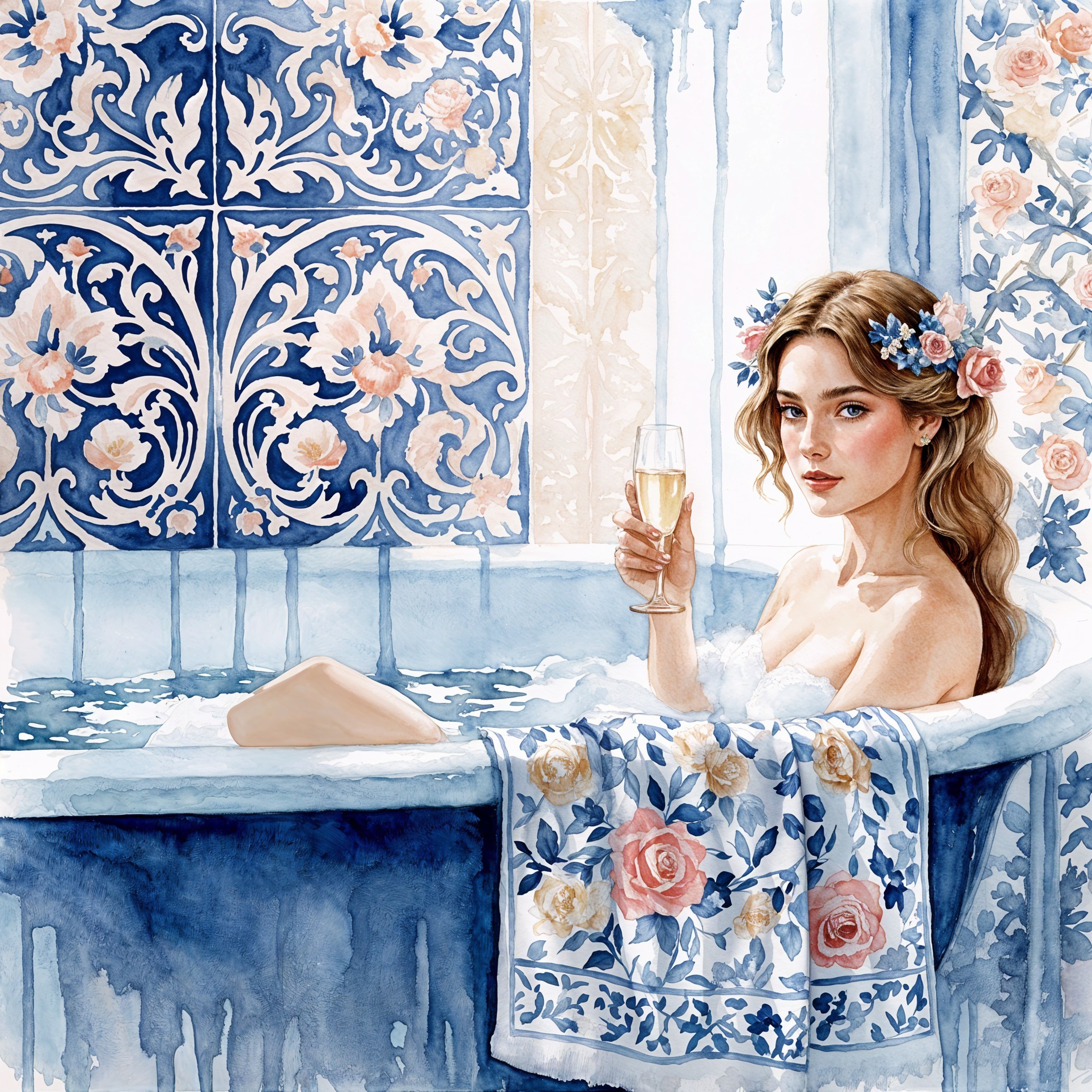 Woman in Vintage Bathtub with Champagne and Flowers