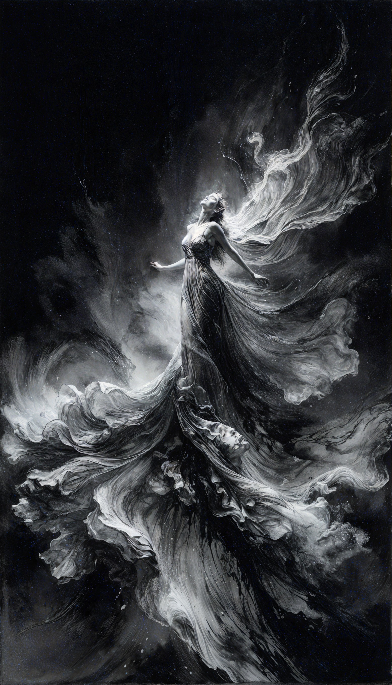 Monochromatic Artwork of a Woman in Flowing Gown