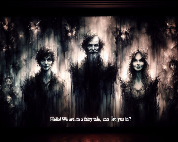 Dark Illustration of Three Enigmatic Figures with Shadows
