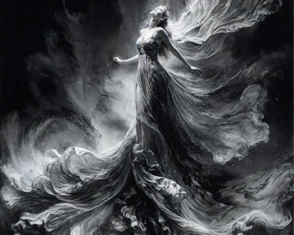 Monochromatic Artwork of a Woman in Flowing Gown