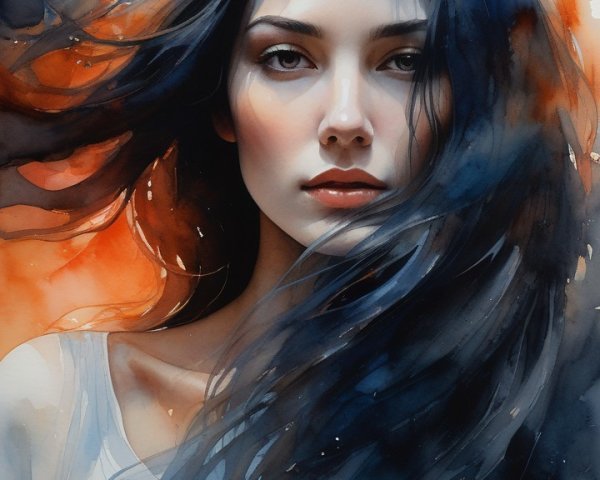 Portrait of a Woman with Black Hair and Abstract Background