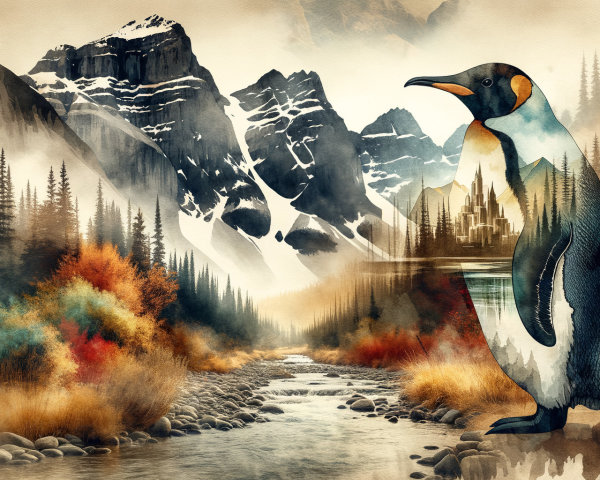 Surreal Landscape with Majestic Penguin and Mountains