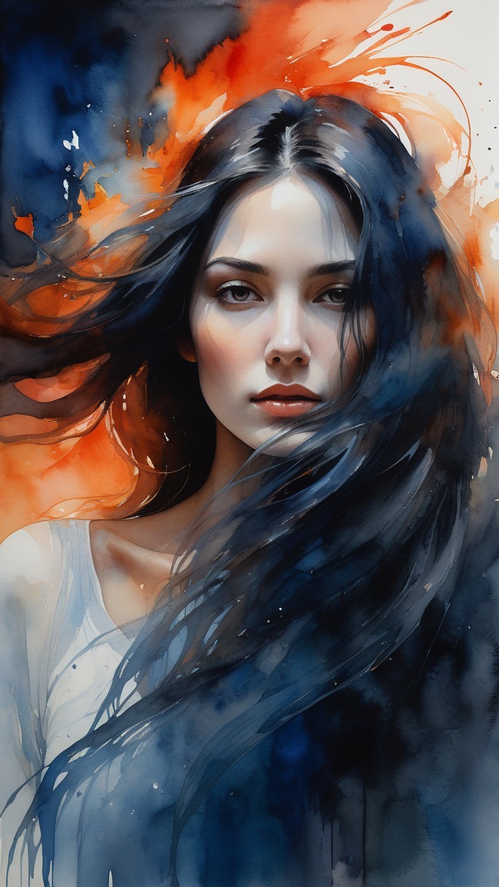 Portrait of a Woman with Black Hair and Abstract Background