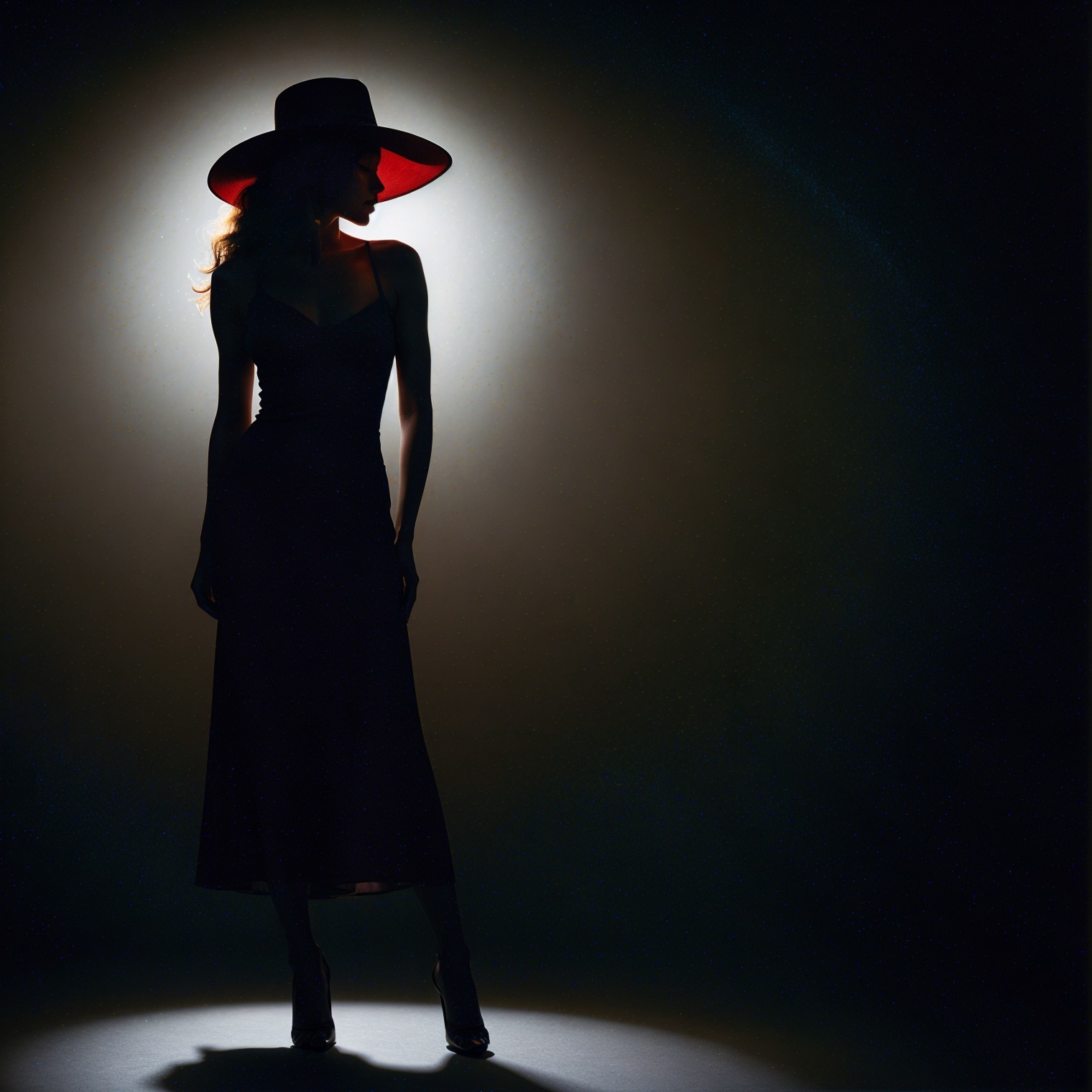 Silhouette of a Woman in Dark Dress and Hat