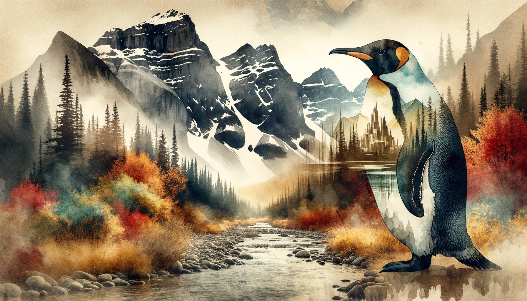 Surreal Landscape with Majestic Penguin and Mountains