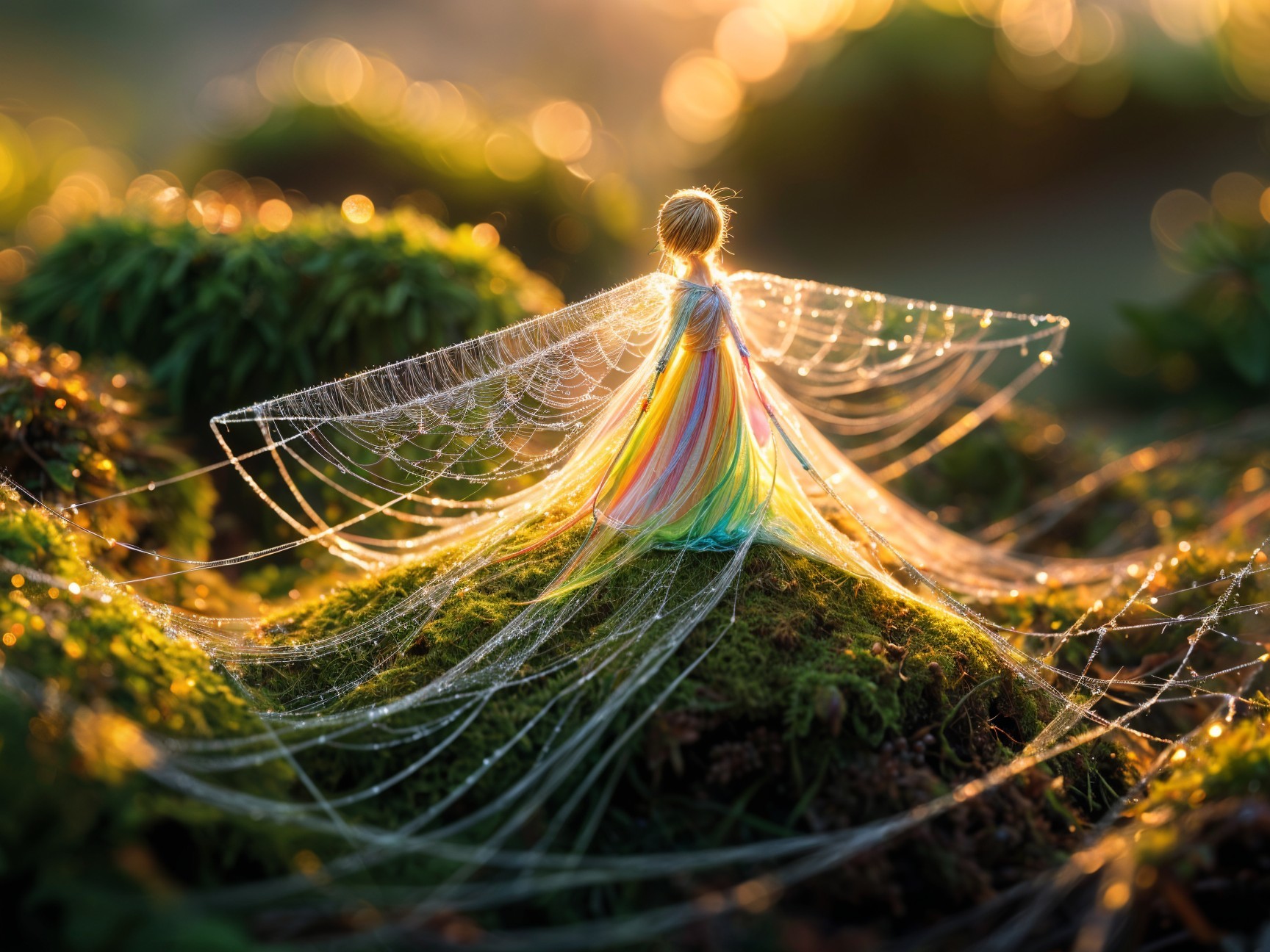 Fairy Figure on Mossy Mound with Dewdrop Details