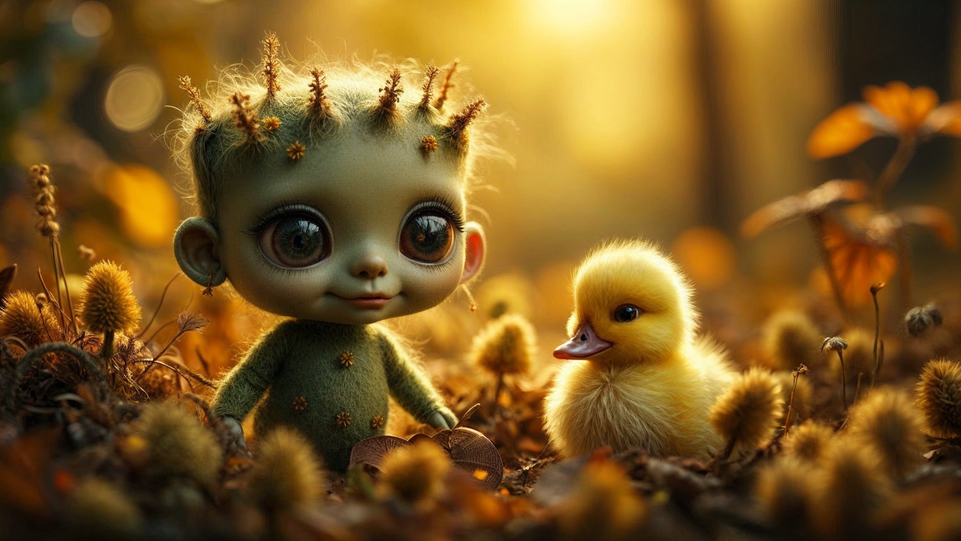 Charming Doll and Duckling in Autumn Forest Scene