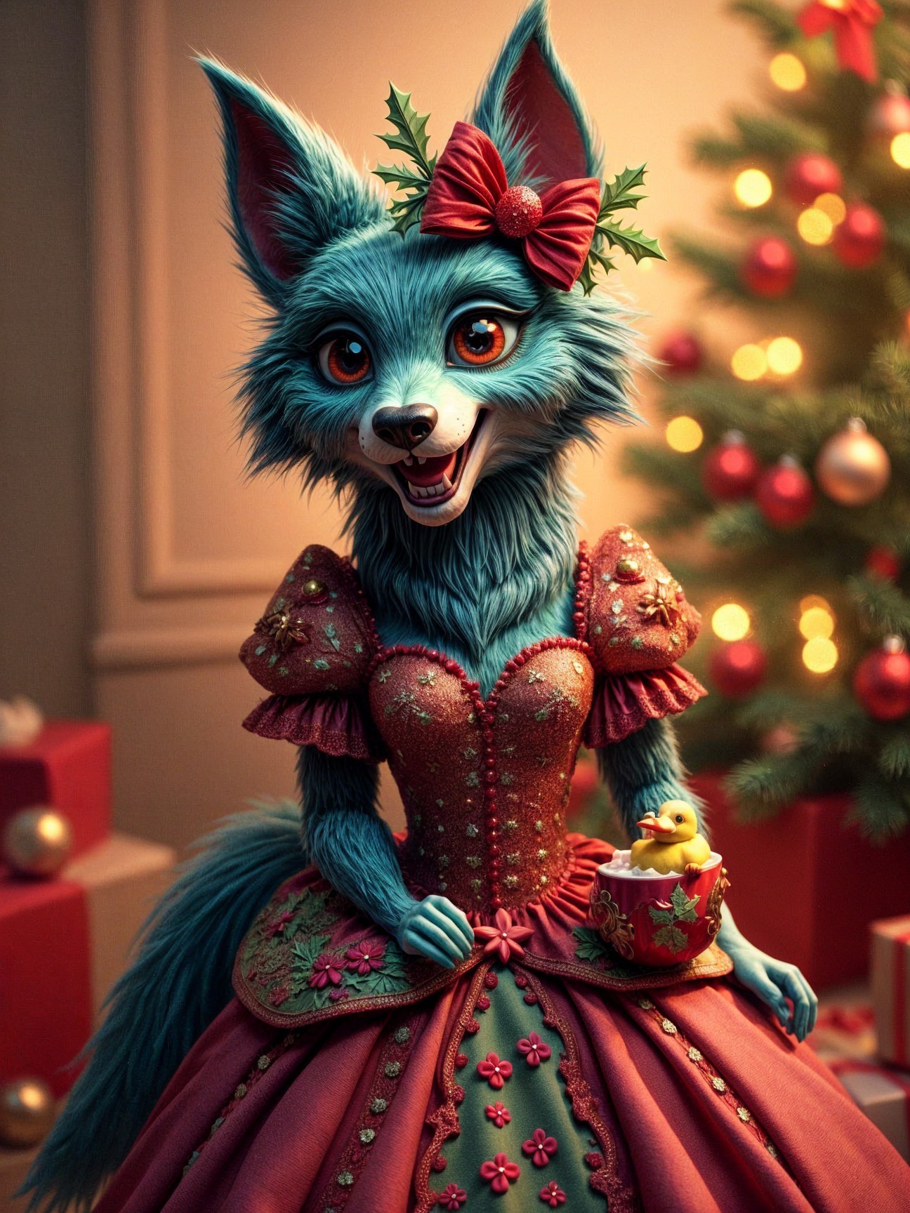 Whimsical Blue Fox with Duckling by Christmas Tree