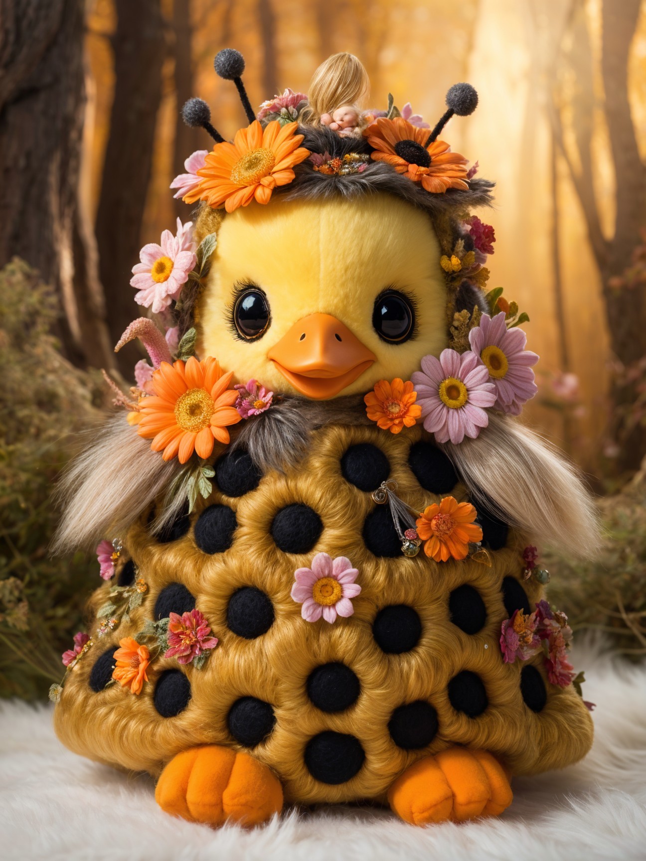 Plush Duck Creature with Floral Crown in Forest Setting