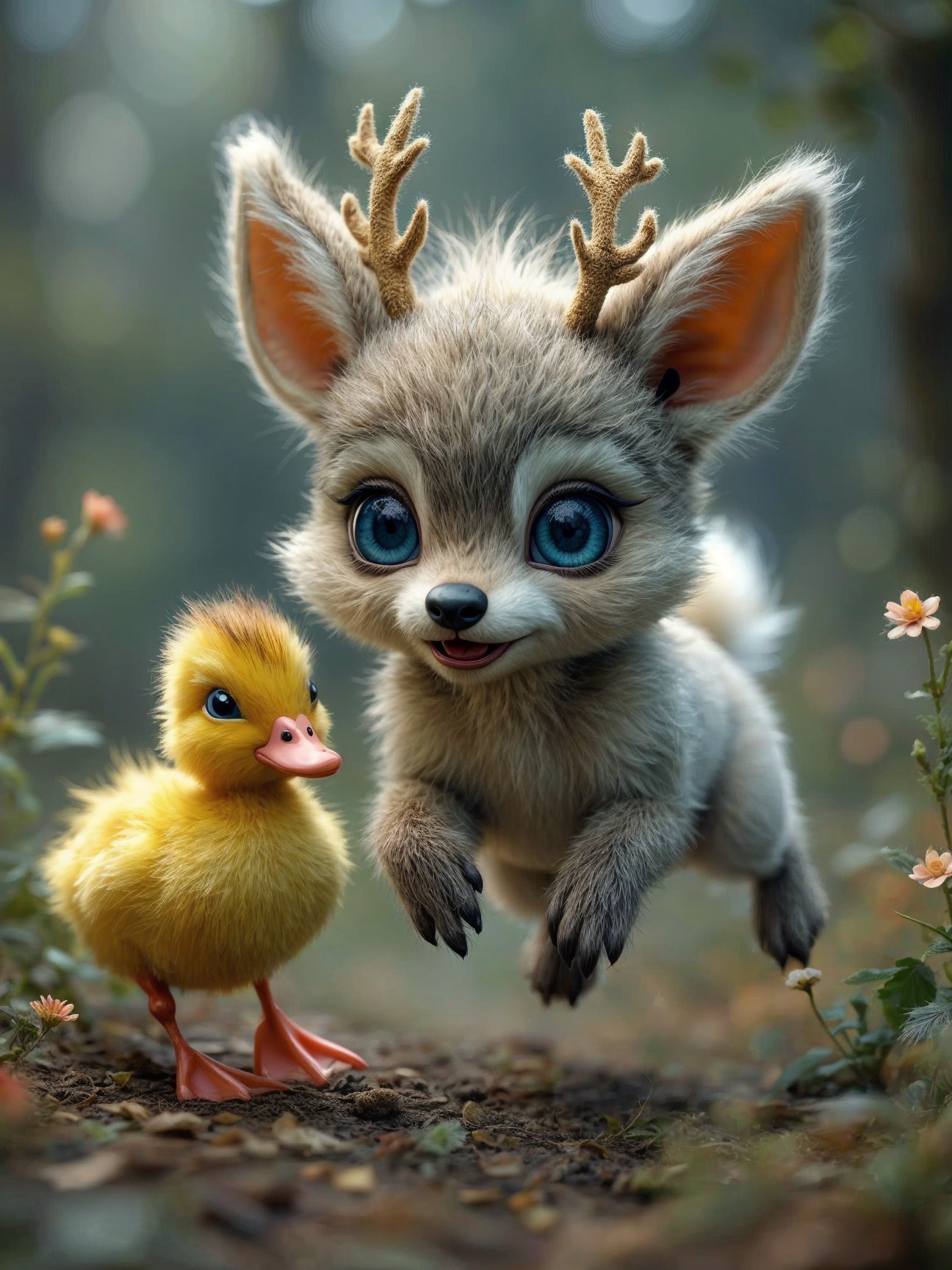 Whimsical Forest Scene with Fluffy Creature and Duckling