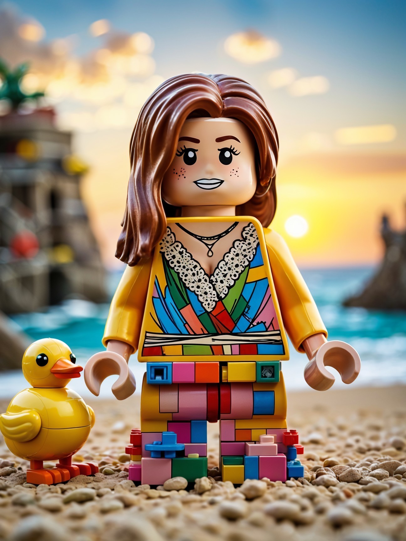 Colorful LEGO Figure on a Sandy Beach at Sunset
