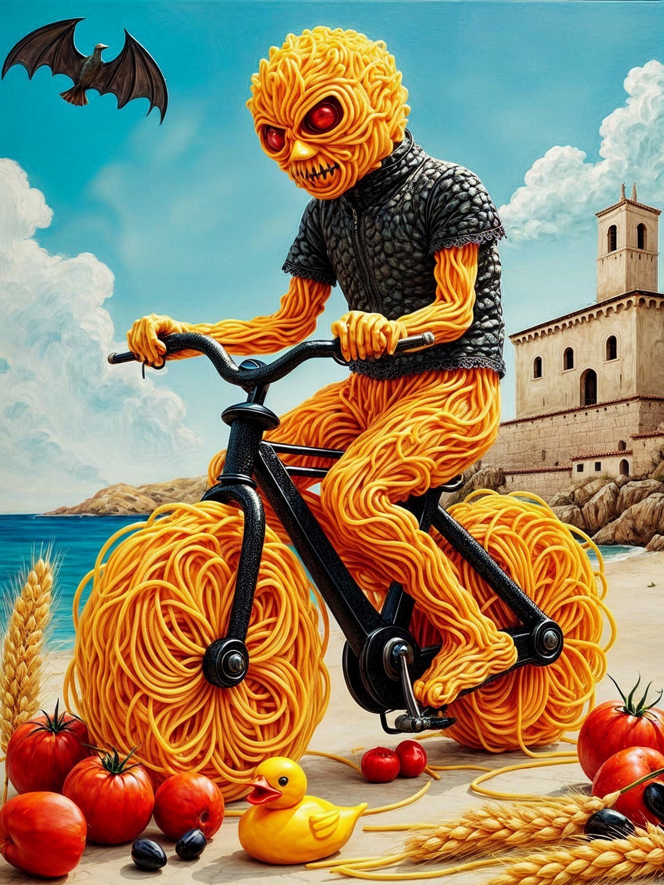 Whimsical Spaghetti Figure Cycling on a Beach Scene