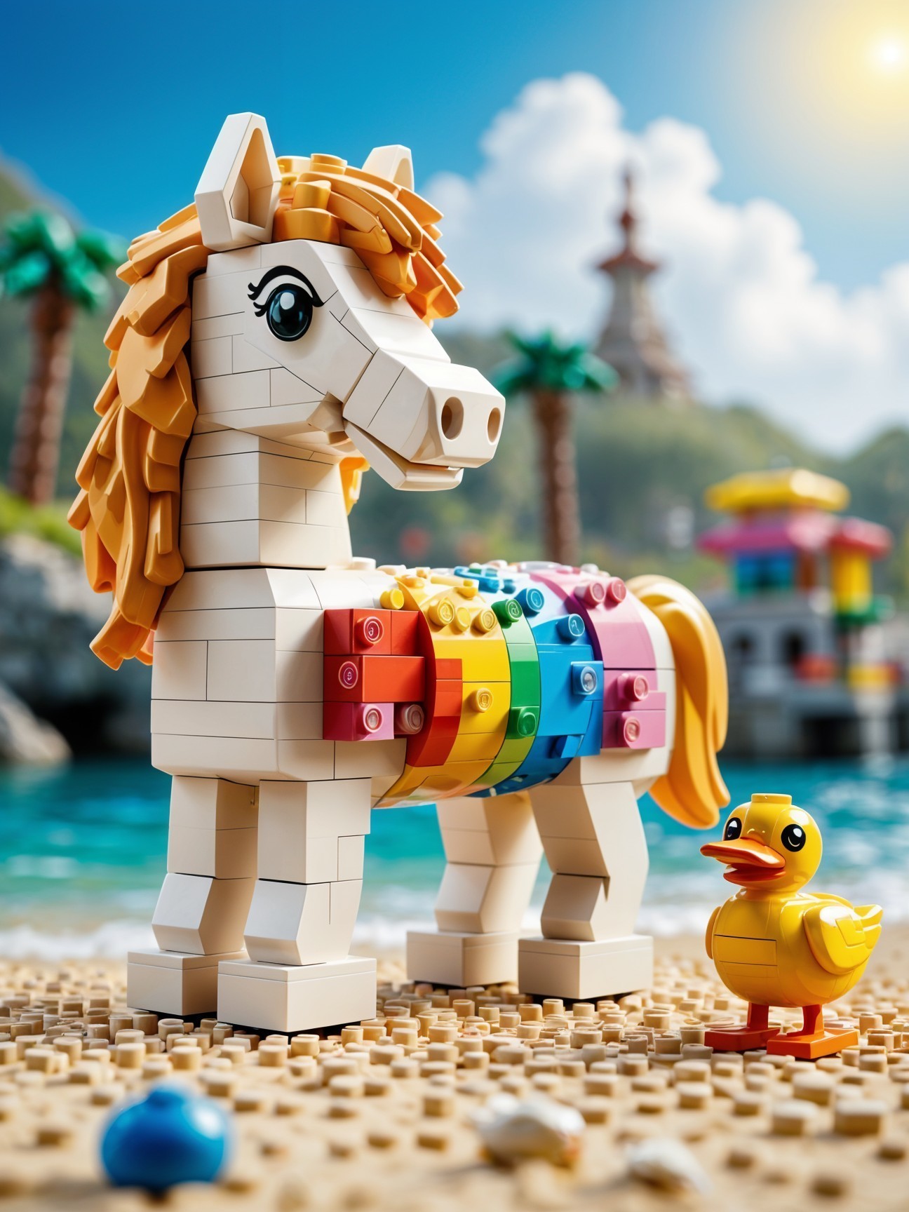 Colorful LEGO Unicorn and Rubber Duck at Beach Scene