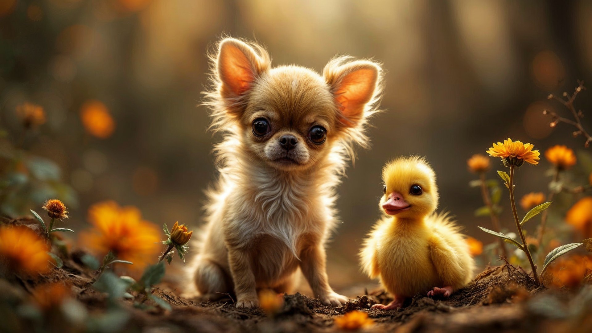 Charming Chihuahua and Duckling in Flower Setting