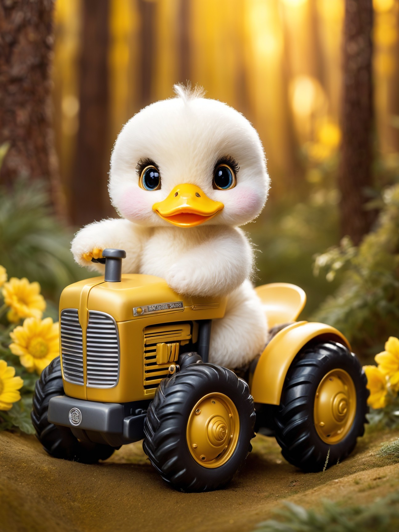 Fluffy Duckling on Yellow Toy Tractor in Greenery