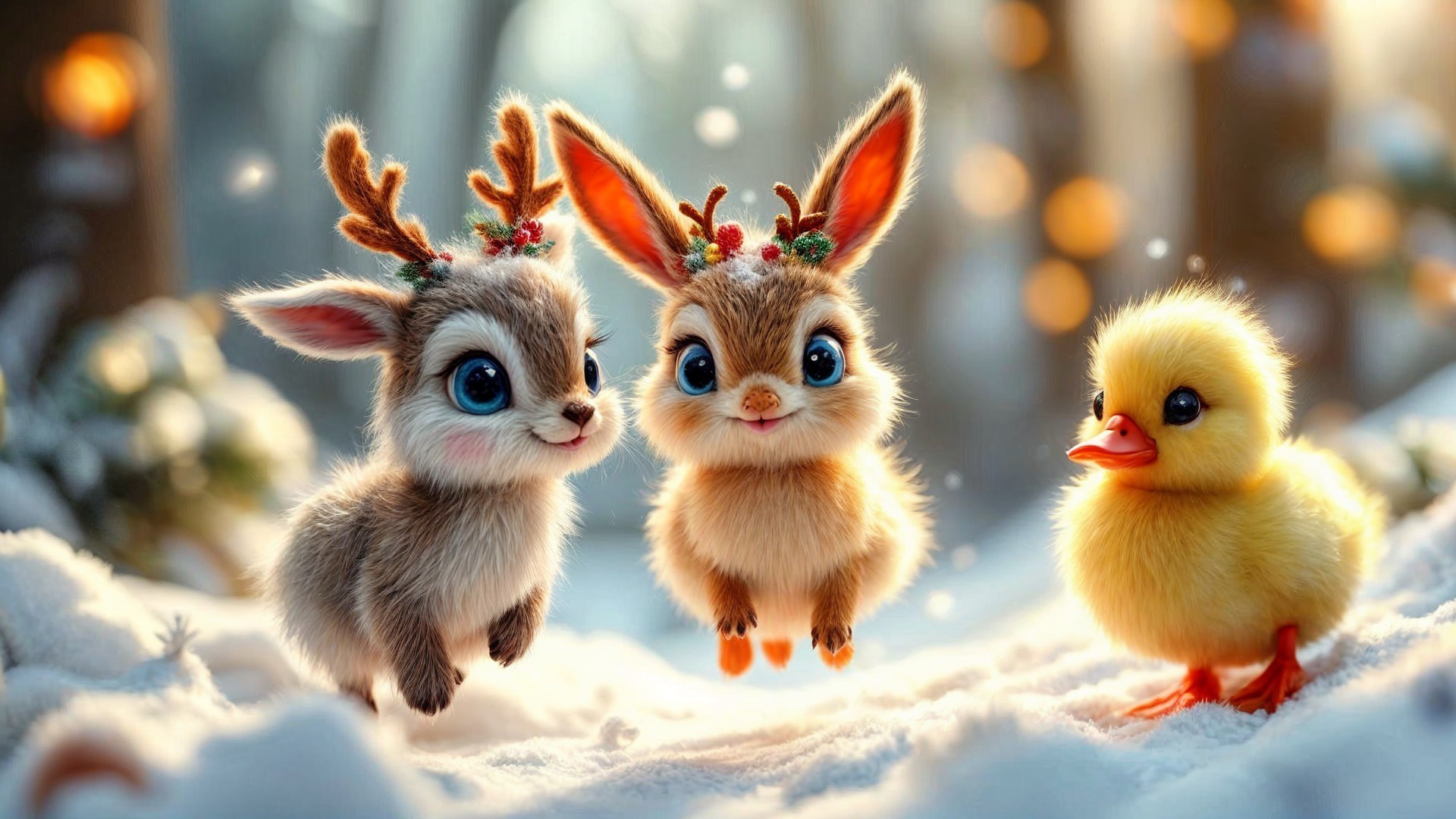Whimsical Winter Scene with Adorable Animals and Lights