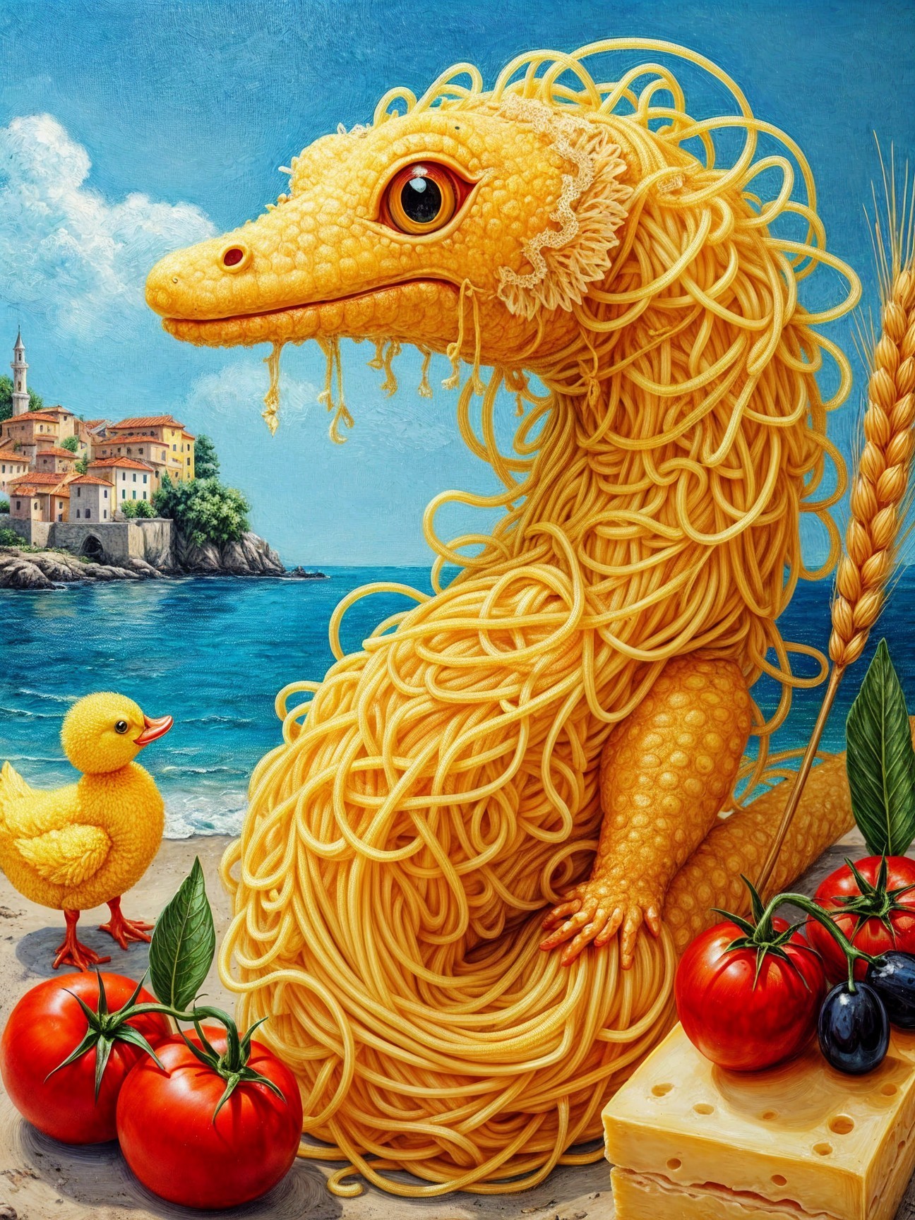 Whimsical Lizard-Like Creature with Spaghetti Elements