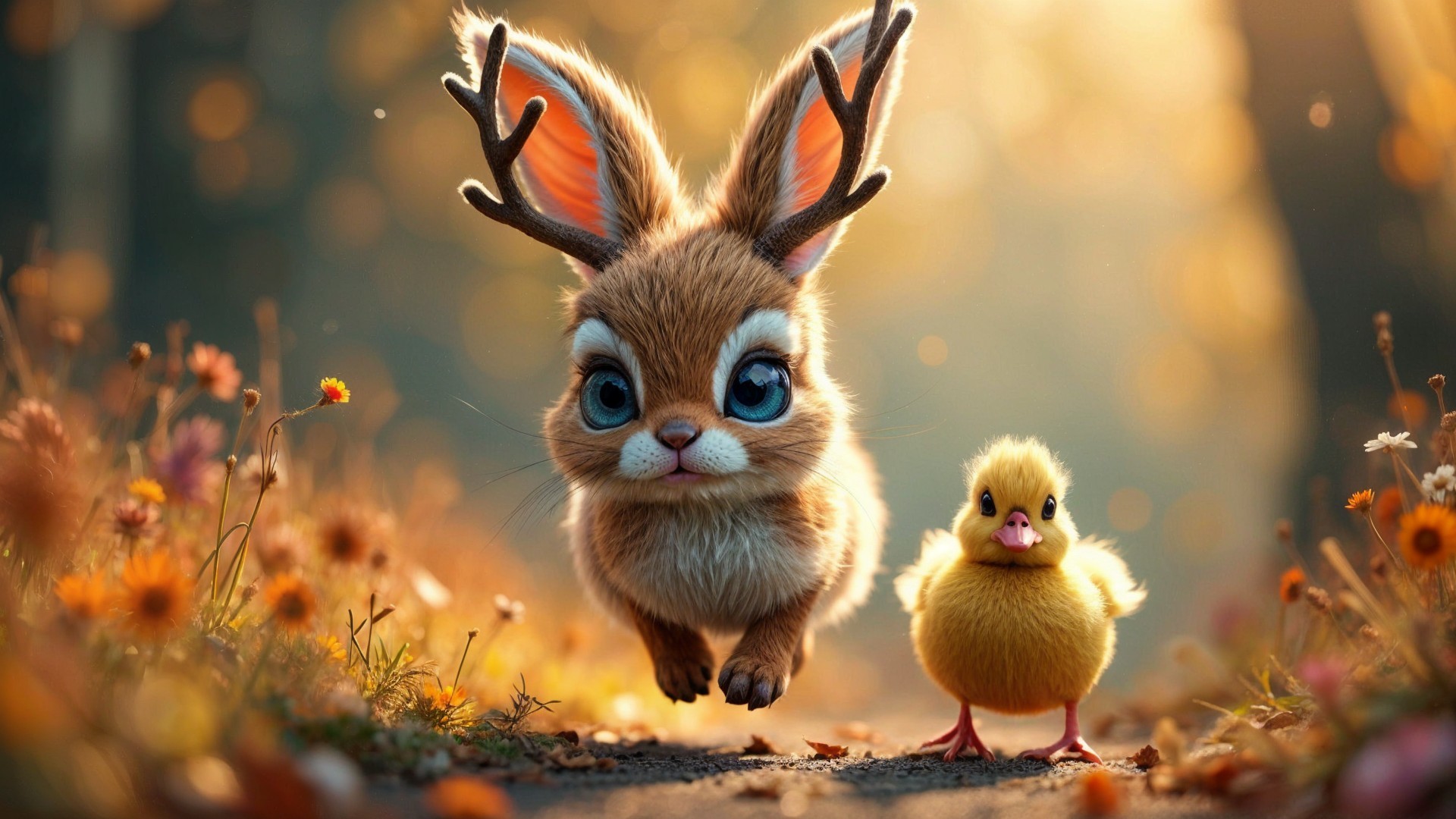 Whimsical Meadow Scene with Rabbit and Chick