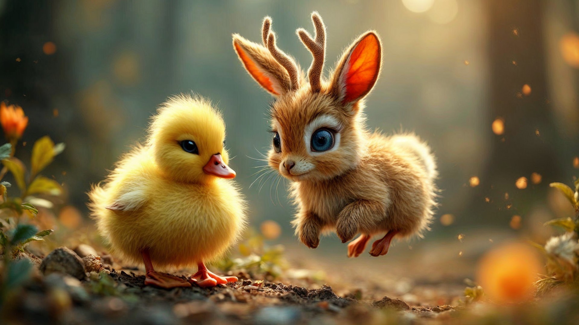 Whimsical Woodland Scene with Duckling and Rabbit