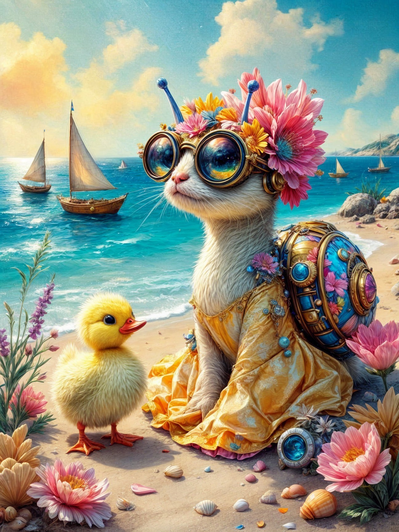 Cat in Flower Crown on Beach with Duckling and Flowers