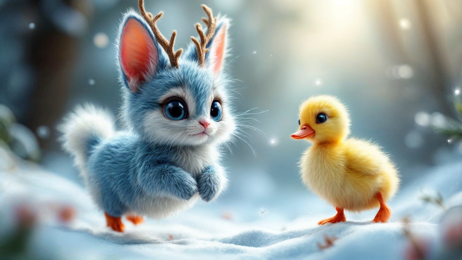Whimsical Winter Scene with Bunny and Duckling
