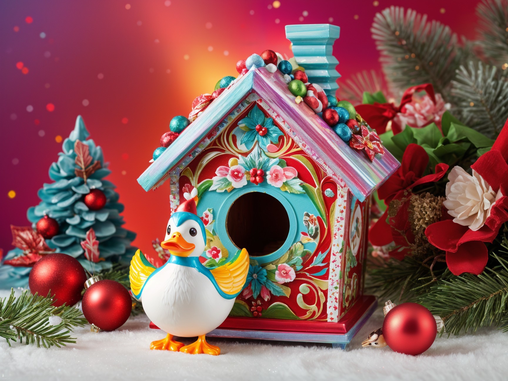 Vibrant Birdhouse and Rubber Duck in Holiday Setting