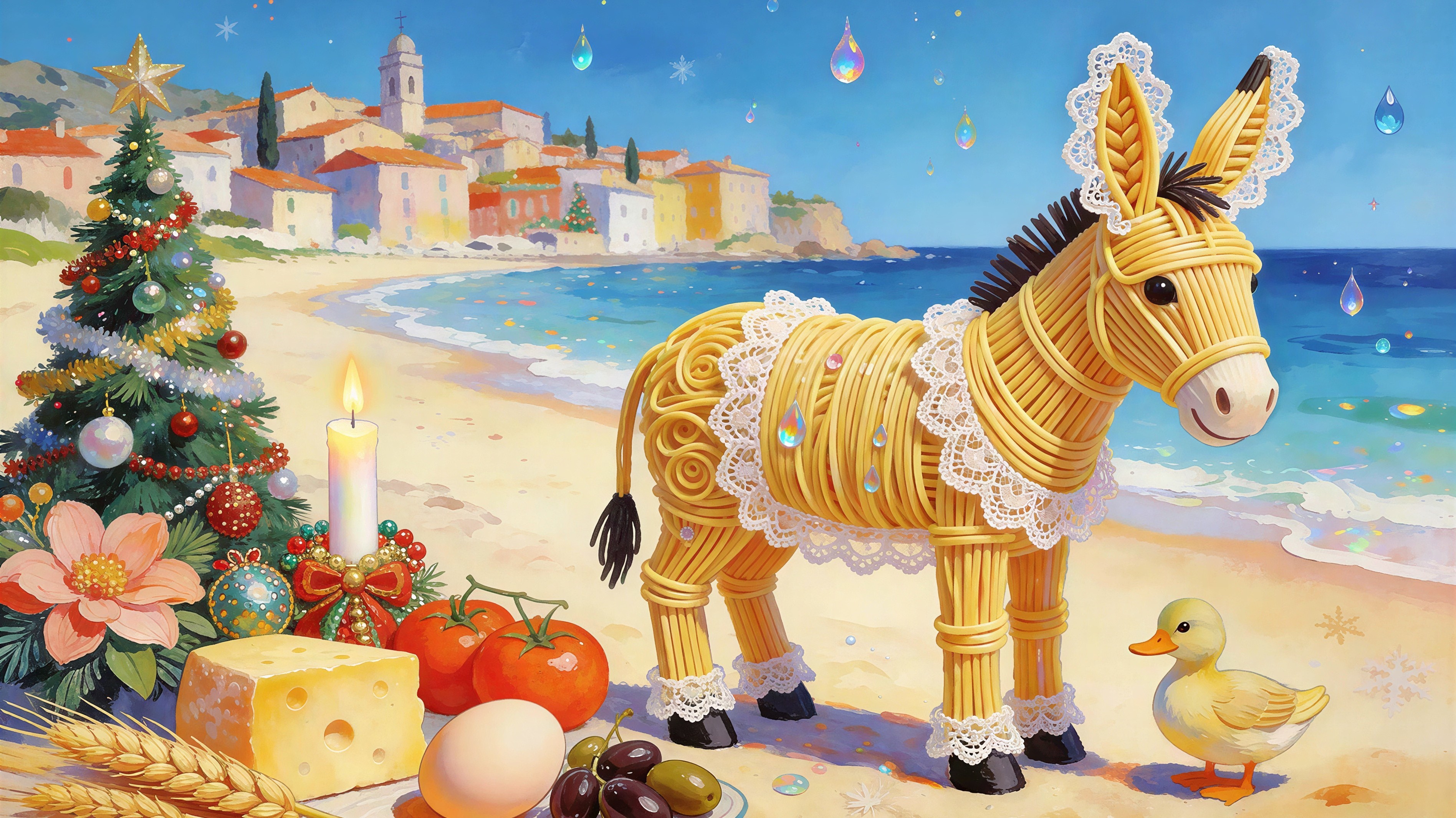 Vibrant Beach Scene with Christmas Tree and Festive Food