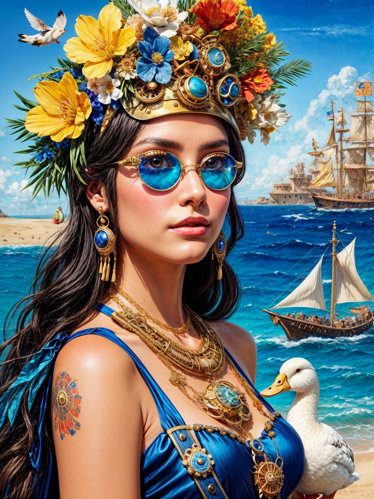 Portrait of a woman with floral crown by the sea