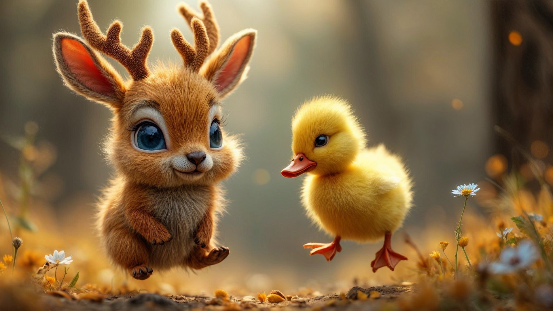 Cartoon Fawn and Duckling in Sunlit Meadow Scene