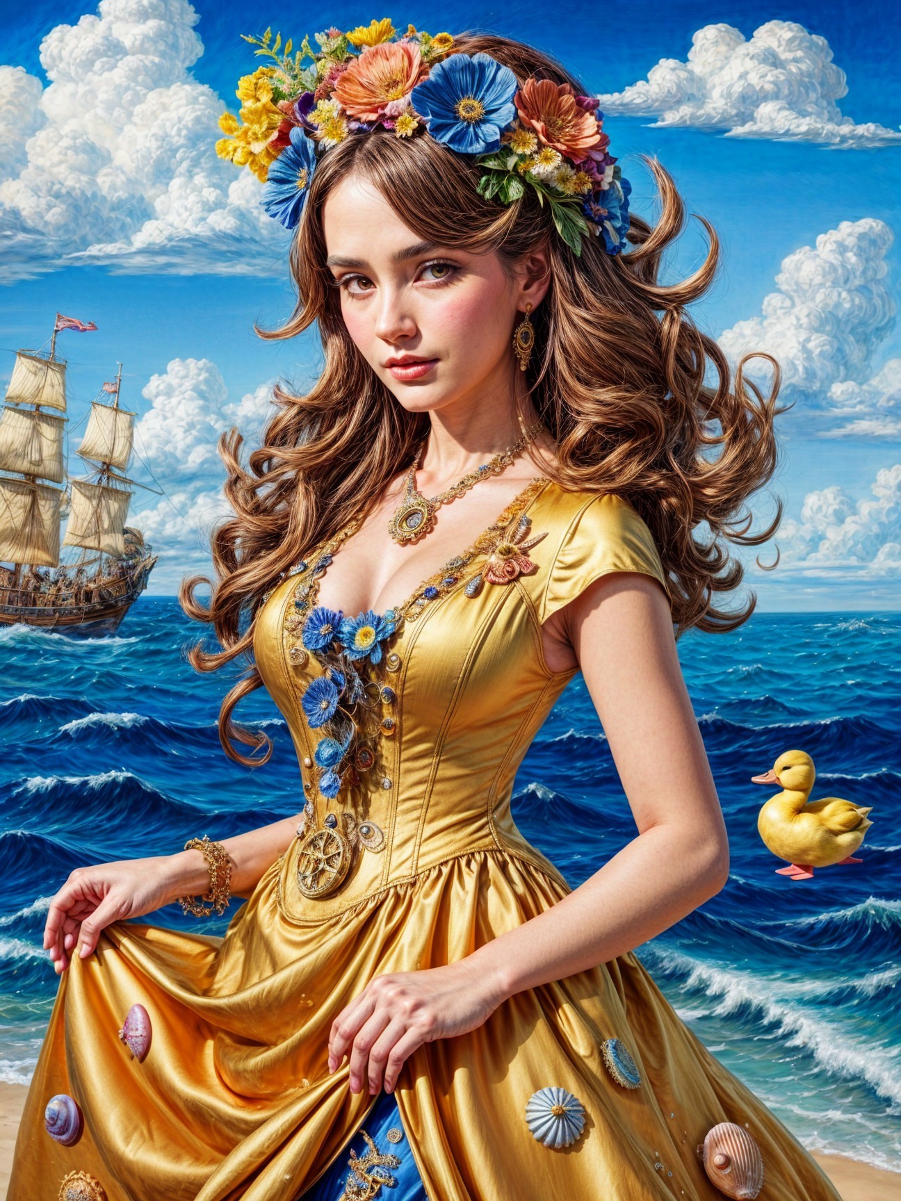 Young woman in golden gown by the ocean with flowers