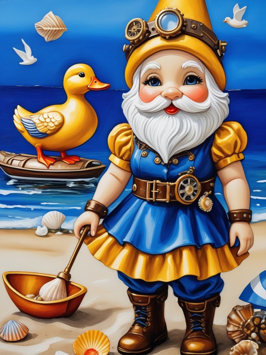 Whimsical Seaside Scene with Gnome and Duck