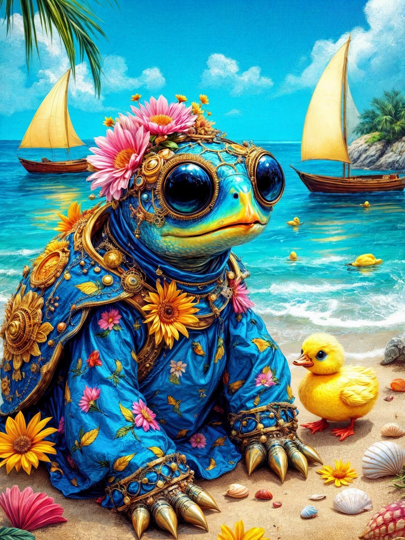 Whimsical Beach Scene with Frog and Duckling