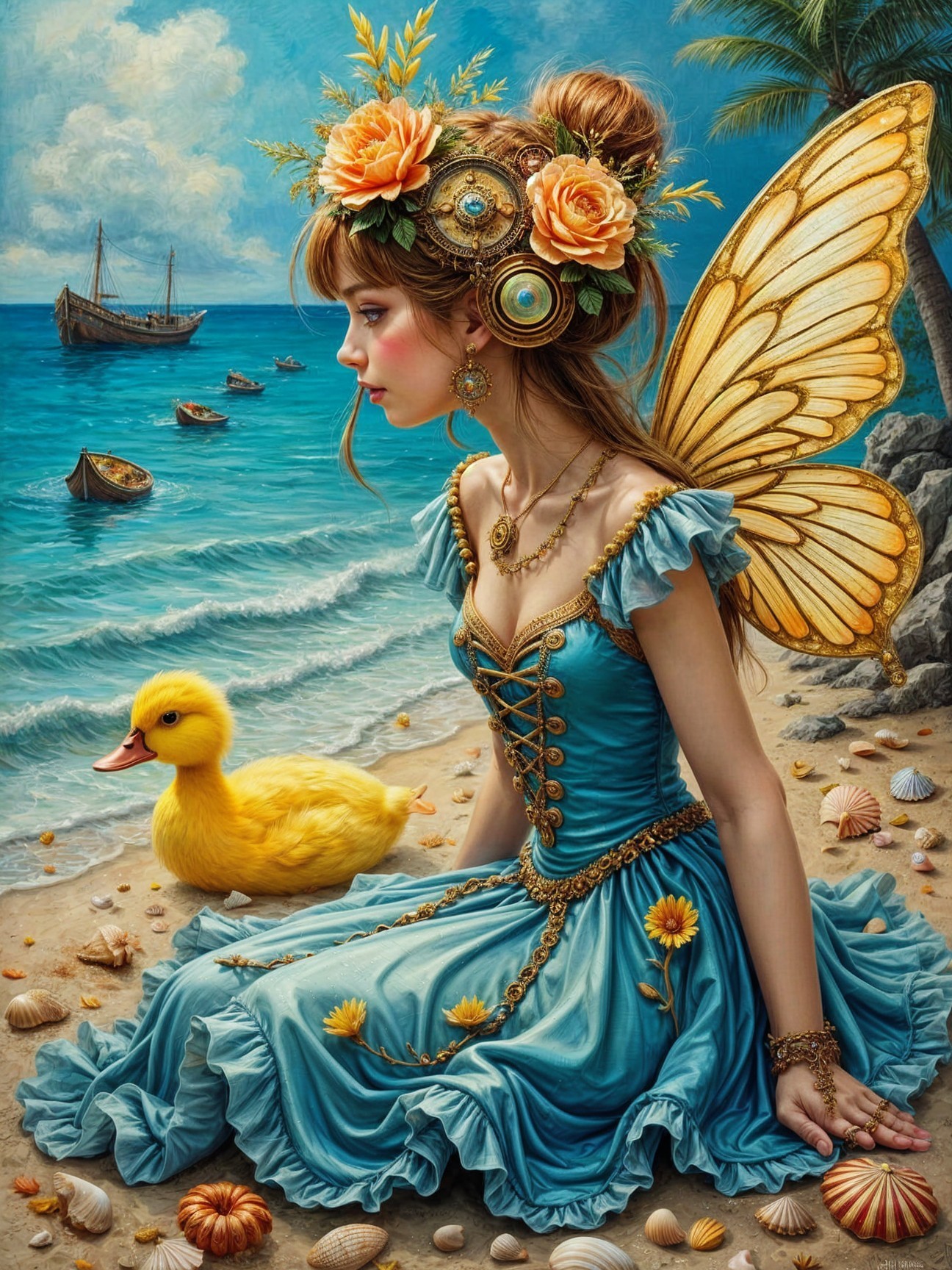Whimsical Beach Scene with Butterfly Wings and Duckling