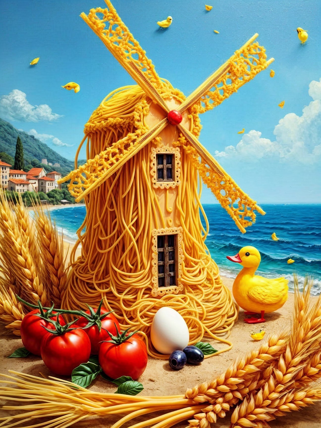 Whimsical Windmill Made of Pasta with Coastal Scene
